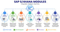 Diagram of SAP S/4HANA modules SD, MM, PP, FI, CO, FI/TR, FICO with icons and descriptions on a white background