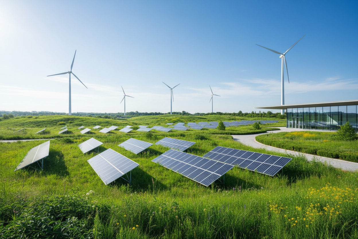 Solar panels and wind turbines in a green landscape with clear blue sky.
